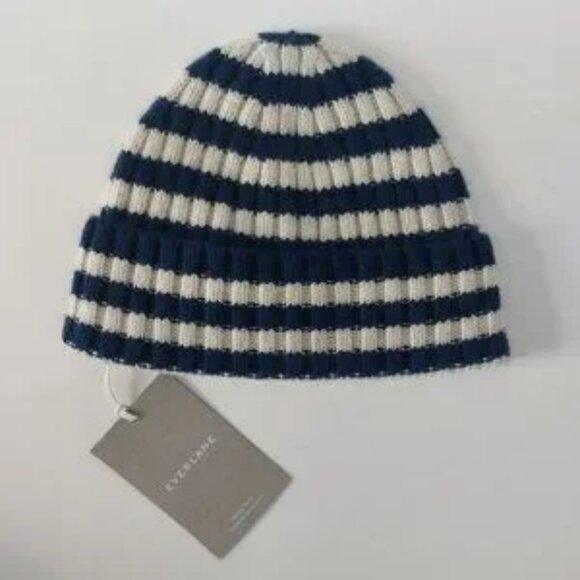 Everlane Cashmere Beanie Unisex Navy White Striped Knit Hat Quality Winter NWT - Picture 2 of 6